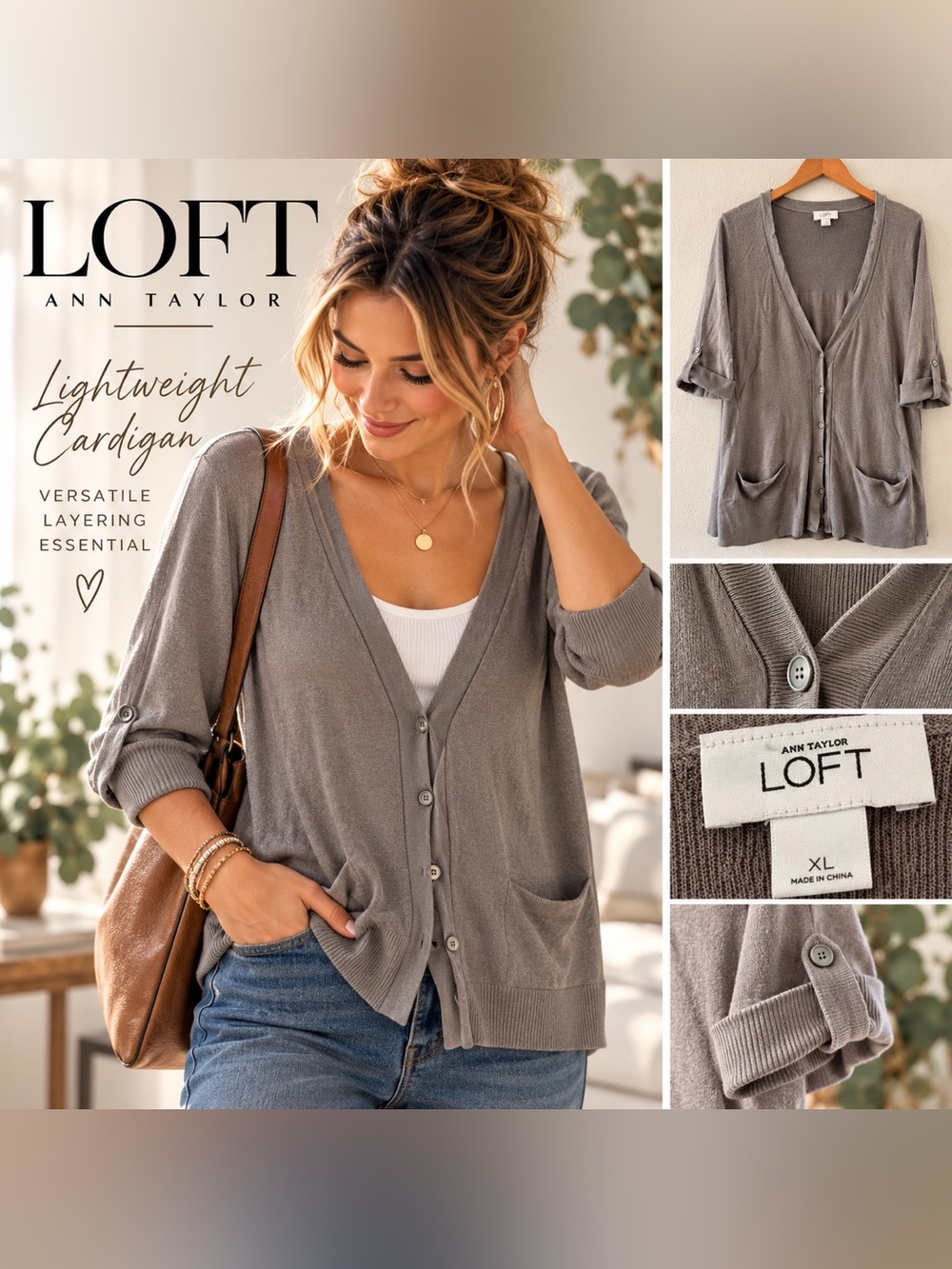 LOFT XL Gray Lightweight Cardigan Roll Tab Sleeves Pockets Button Front